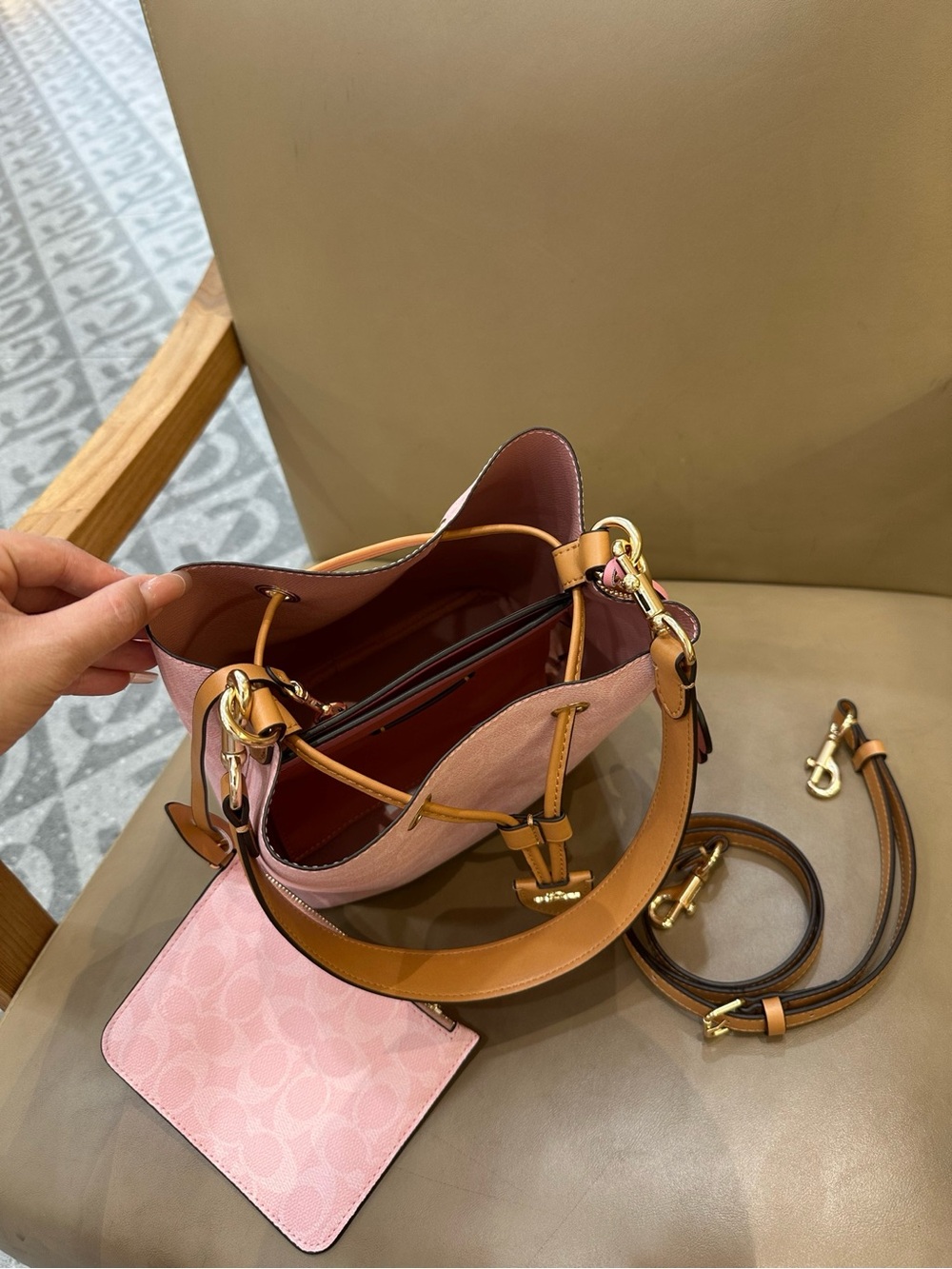 Coach Pink Pebble Leather Drawstring Bucket Bag with Tan Trim and Floral Charm - Picture 9 of 9
